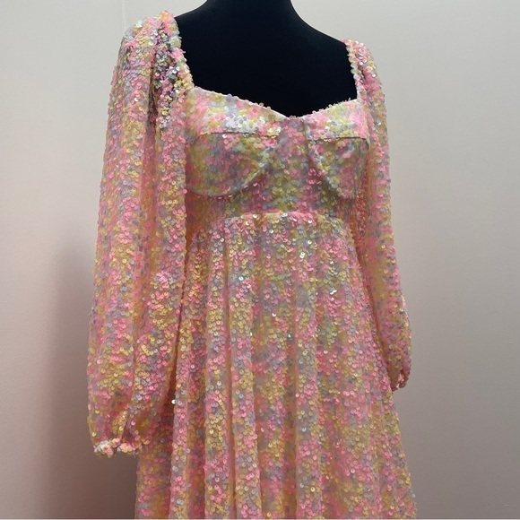 Selkie- Rainbow Sequin Princess Gown Size XS 3/4 Sleeve Sweetheart Maxi Dress - Picture 3 of 16